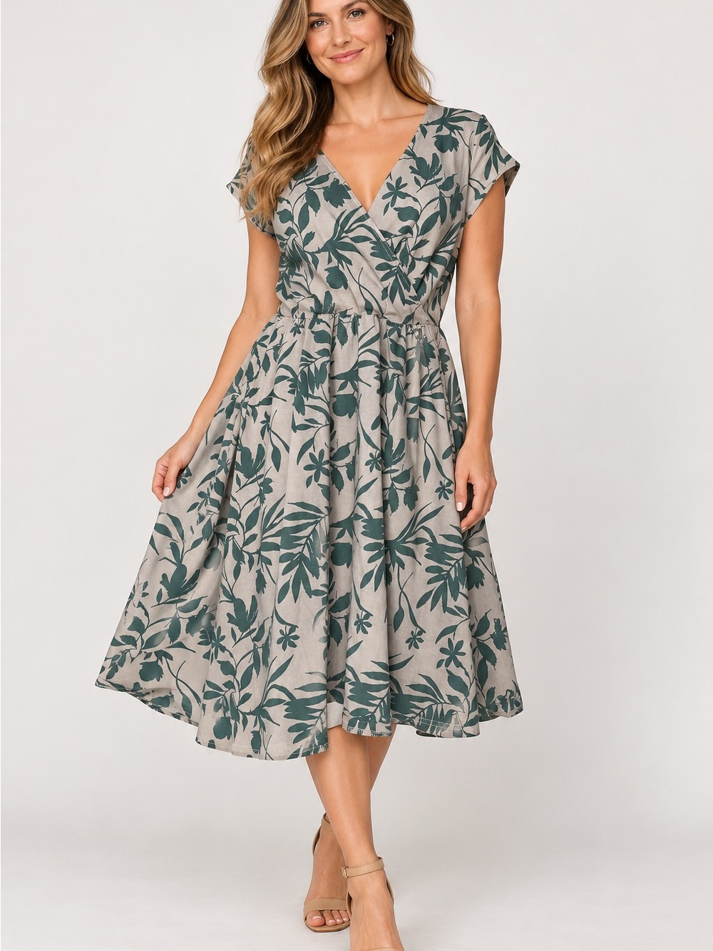 Pact Organic Cotton Floral V-Neck Fit & Flare Midi Dress Gray Womens Size Medium